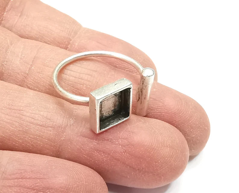 Ring Blanks Silver Rod Square Ring Setting Cabochon Mounting Adjustable Ring Base Bezel Antique Silver Plated Brass (8mm Blanks) G27268