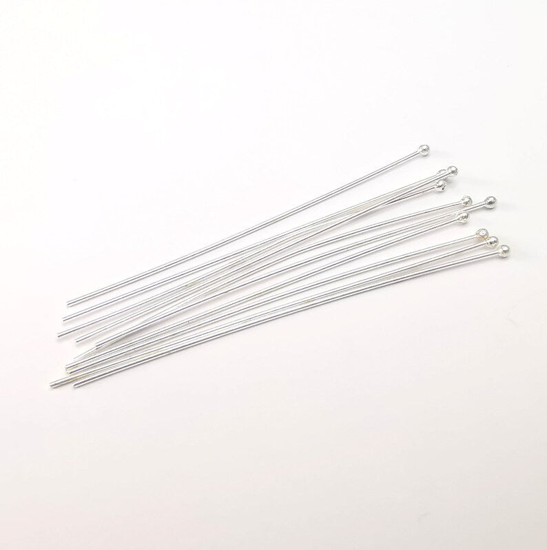 10 Pcs Sterling Silver Ball Head Long Pins 2.5'', 20ga (2.5 inch - 61mm) (Thickness 0,78mm - 20 Gauge) 925 Solid Silver Ball Head pin G30187