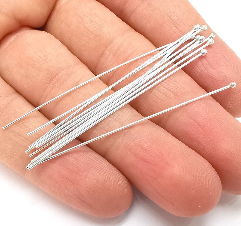 10 Pcs Sterling Silver Ball Head Long Pins 2.5'', 20ga (2.5 inch - 61mm) (Thickness 0,78mm - 20 Gauge) 925 Solid Silver Ball Head pin G30187