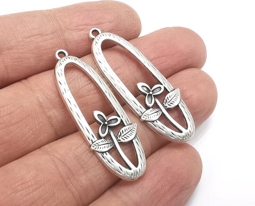 2 Pcs Flower Leaf Oval Charms Antique Silver Plated Charms (41x14mm) G27652