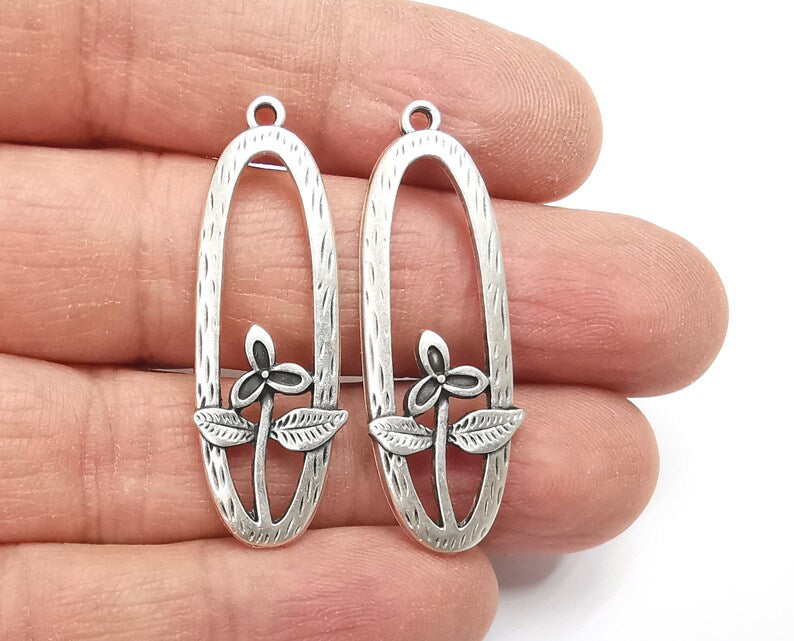2 Pcs Flower Leaf Oval Charms Antique Silver Plated Charms (41x14mm) G27652