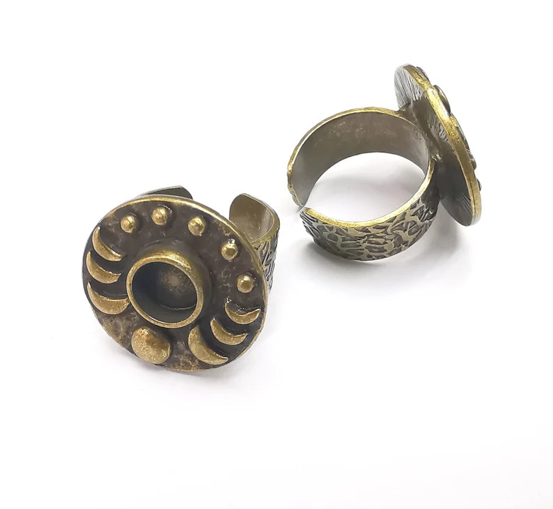 Crescent Moon Ring, The Phases of The Moon Ring Blank Setting, Cabochon Mounting, Adjustable Resin Base Bezels, Antique Bronze (8mm) G28638