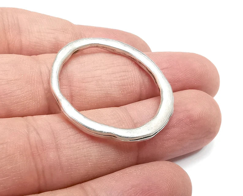 Round Hammered Connector Charms Antique Silver Plated Findings (34mm) G29001