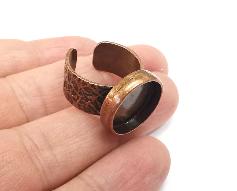 Round Ring Blank Setting, Cabochon Mounting, Adjustable Resin Ring Base, Inlay Ring Blank Mosaic Bezels Antique Copper Plated (16mm) G34303