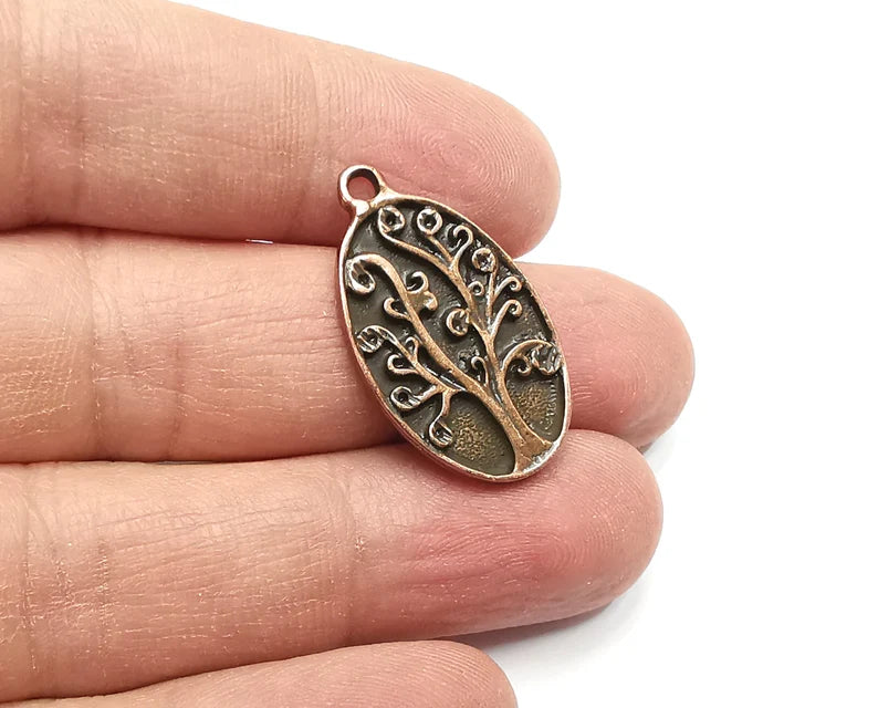 2 Oval Tree Charms, Dangle Charms Antique Copper Plated (31x18mm) G29865