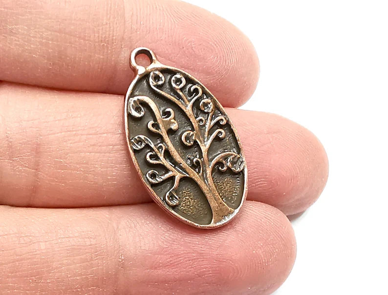 2 Oval Tree Charms, Dangle Charms Antique Copper Plated (31x18mm) G29865