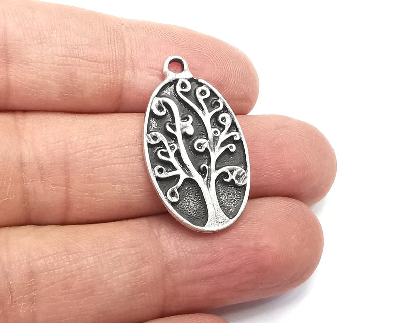 Oval Tree Charms, Dangle Charms Antique Silver Plated (31x18mm) G29873