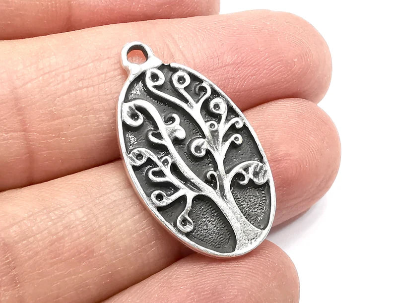 Oval Tree Charms, Dangle Charms Antique Silver Plated (31x18mm) G29873