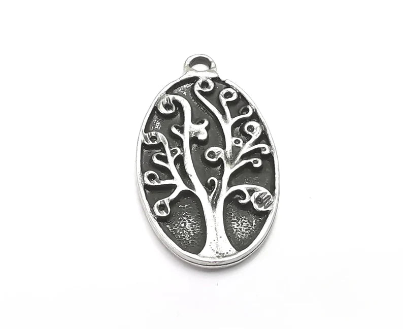 Oval Tree Charms, Dangle Charms Antique Silver Plated (31x18mm) G29873