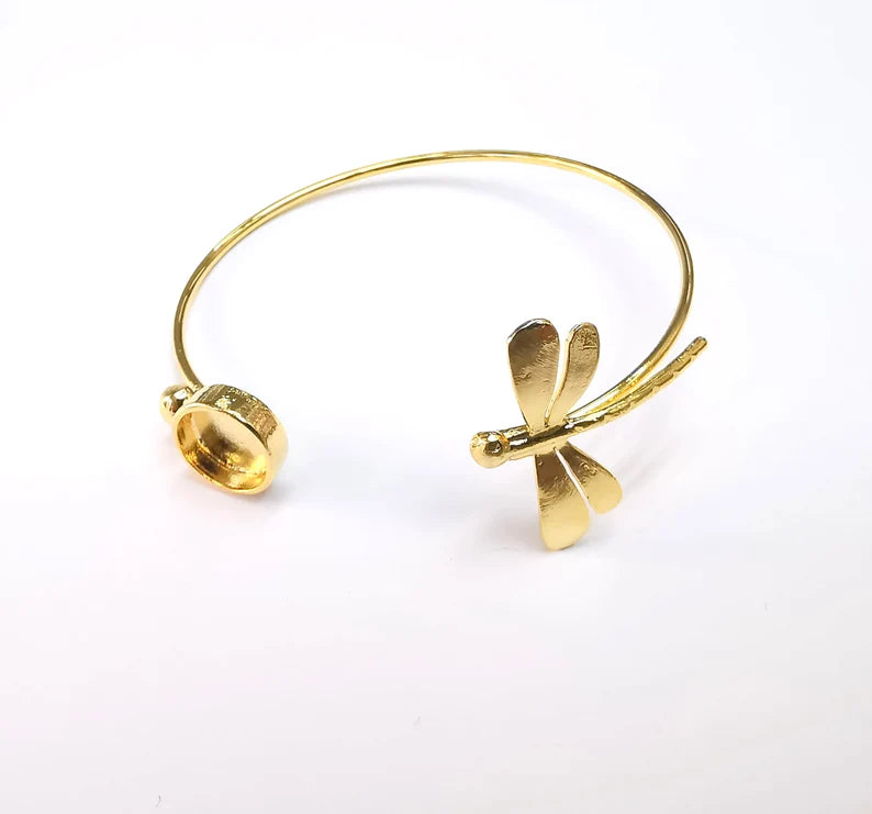 Adjustable Dragonfly Bracelet Base, Resin Cuff Blank, Cabochon Bezel, Mosaic Mounting, Dry flower Frame, Gold Plated Brass (10mm) G29882