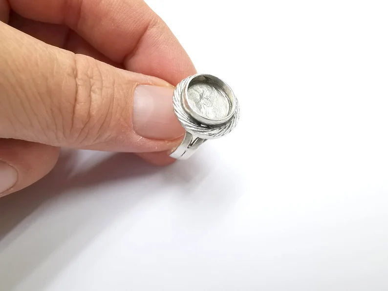 Ring Blank Setting, Cabochon Mounting, Adjustable Resin Ring Base Bezels, Antique Silver Plated (12mm) G29897