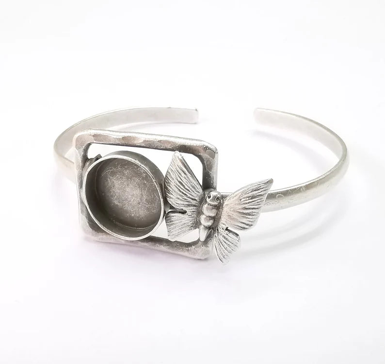 Butterfly Bracelet Bezel Blank Resin Bezel Cabochon Cuff Base Adjustable Antique Silver Plated Brass (14mm Bezel) G29898