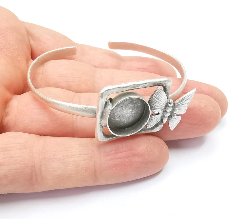 Butterfly Bracelet Bezel Blank Resin Bezel Cabochon Cuff Base Adjustable Antique Silver Plated Brass (14mm Bezel) G29898