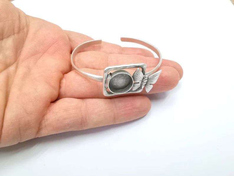 Butterfly Bracelet Bezel Blank Resin Bezel Cabochon Cuff Base Adjustable Antique Silver Plated Brass (14mm Bezel) G29898