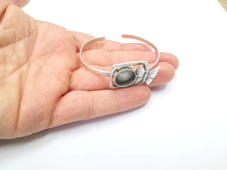 Butterfly Bracelet Bezel Blank Resin Bezel Cabochon Cuff Base Adjustable Antique Silver Plated Brass (14mm Bezel) G29898