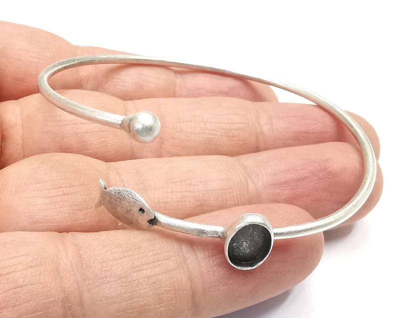 Fish Bracelet Bezel Blank Resin Bezel Cabochon Cuff Base Settings Adjustable Bracelet Antique Silver Plated Brass (8x6mm Bezel) G33008