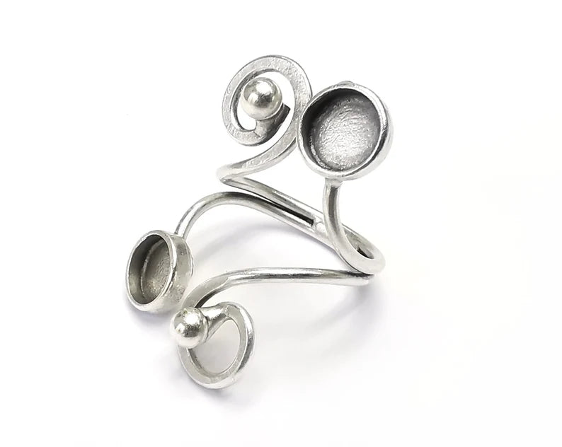 Ring Blank Setting, Cabochon Mounting, Adjustable Resin Ring Base Bezels, Antique Silver Plated (8mm round bezel) G34507