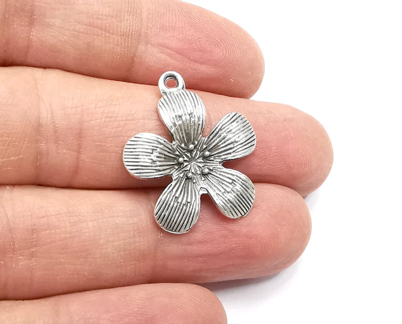 2 Flower Charms, Dangle Charms Antique Silver Plated (27x23mm) G29853