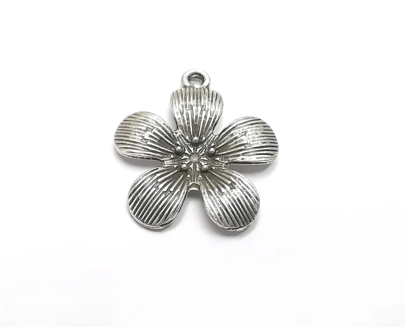 2 Flower Charms, Dangle Charms Antique Silver Plated (27x23mm) G29853