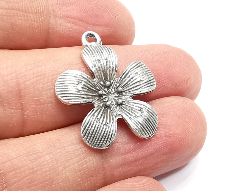 2 Flower Charms, Dangle Charms Antique Silver Plated (27x23mm) G29853