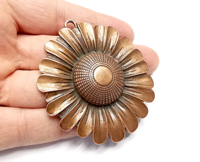 Sunflower Flower Pendant, Antique Copper Plated Pendant (69x65mm) G29864