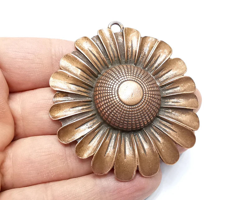 Sunflower Flower Pendant, Antique Copper Plated Pendant (69x65mm) G29864