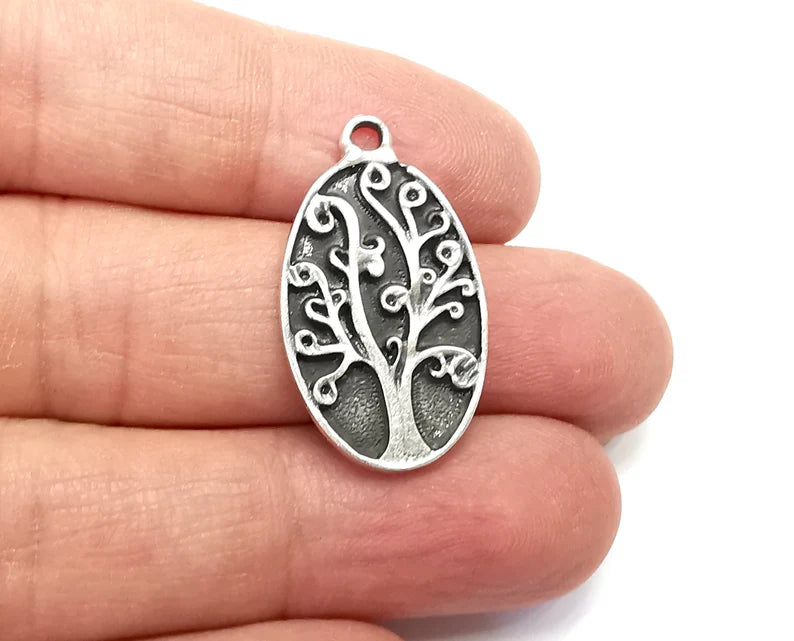 Oval Tree Charms, Dangle Charms Antique Silver Plated (31x18mm) G29873