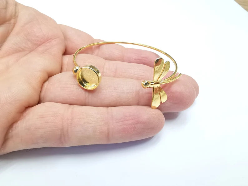 Adjustable Dragonfly Bracelet Base, Resin Cuff Blank, Cabochon Bezel, Mosaic Mounting, Dry flower Frame, Gold Plated Brass (10mm) G29882