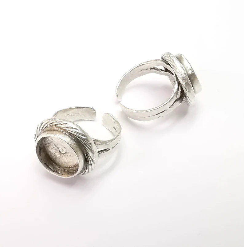 Ring Blank Setting, Cabochon Mounting, Adjustable Resin Ring Base Bezels, Antique Silver Plated (12mm) G29897