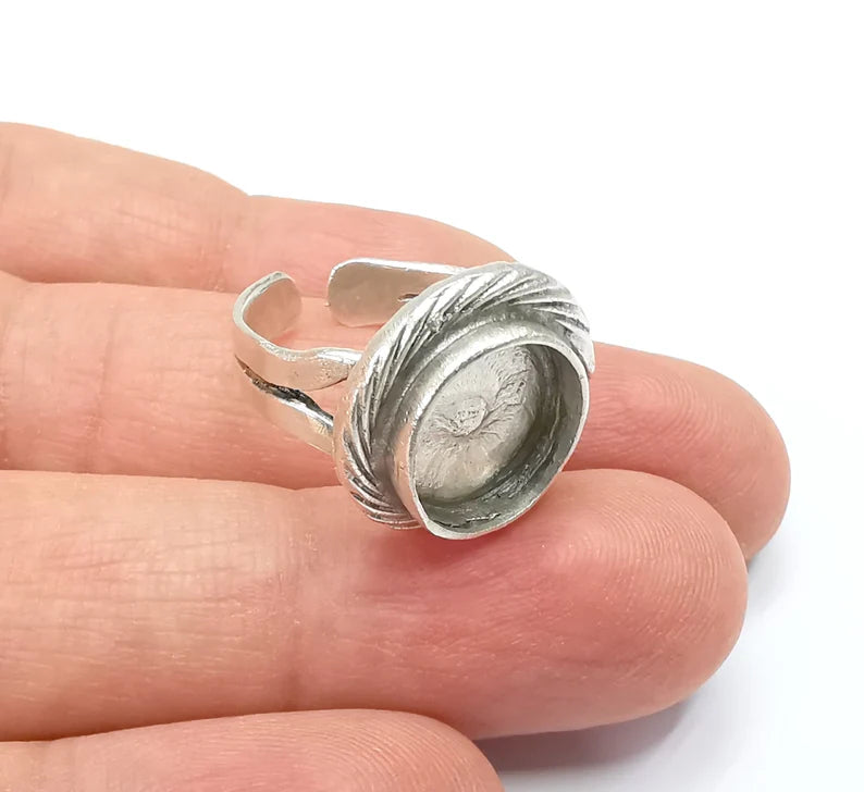 Ring Blank Setting, Cabochon Mounting, Adjustable Resin Ring Base Bezels, Antique Silver Plated (12mm) G29897