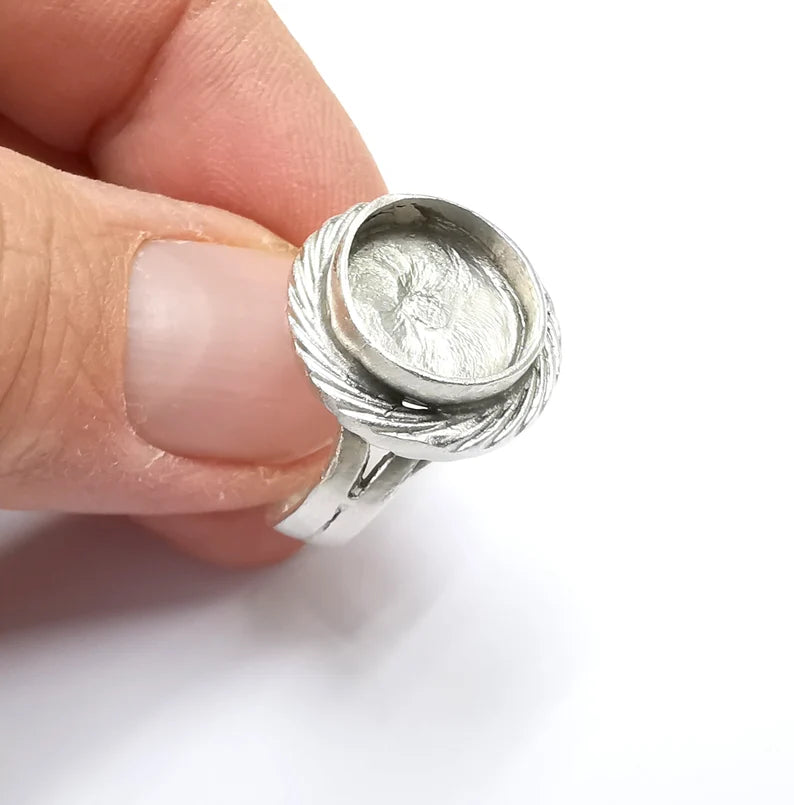 Ring Blank Setting, Cabochon Mounting, Adjustable Resin Ring Base Bezels, Antique Silver Plated (12mm) G29897