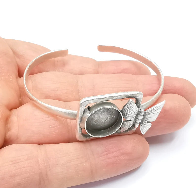 Butterfly Bracelet Bezel Blank Resin Bezel Cabochon Cuff Base Adjustable Antique Silver Plated Brass (14mm Bezel) G29898
