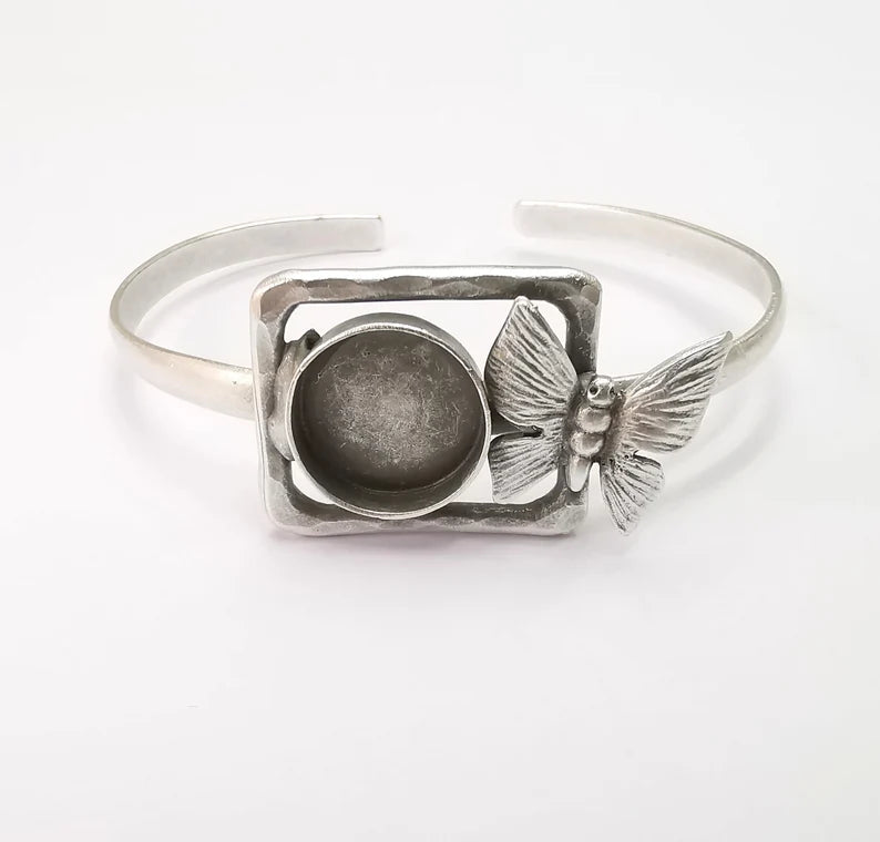 Butterfly Bracelet Bezel Blank Resin Bezel Cabochon Cuff Base Adjustable Antique Silver Plated Brass (14mm Bezel) G29898