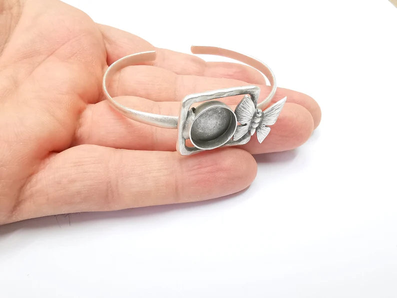 Butterfly Bracelet Bezel Blank Resin Bezel Cabochon Cuff Base Adjustable Antique Silver Plated Brass (14mm Bezel) G29898
