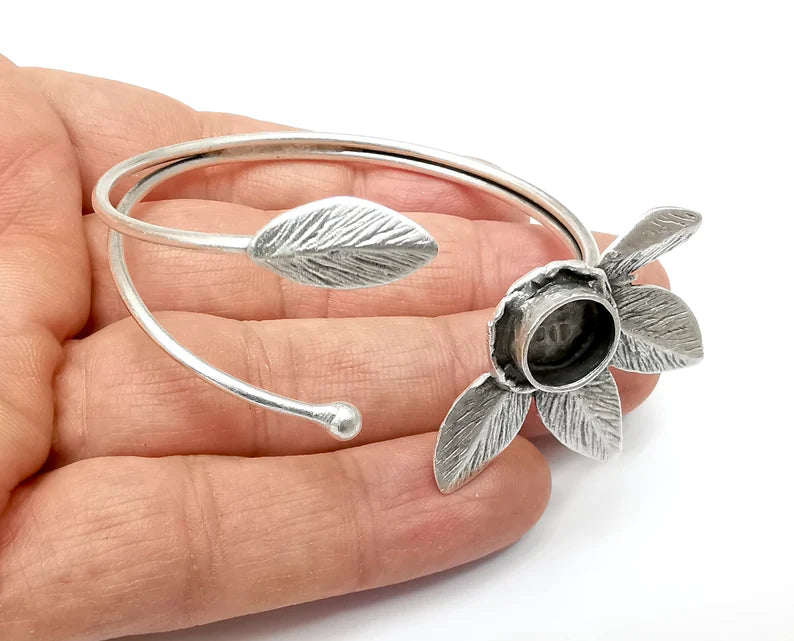 Flower Leaf Bracelet Bezel Blank Resin Bezel Cabochon Cuff Base Settings Adjustable Bracelet Antique Silver Plated Brass (10mm Bezel) G33329