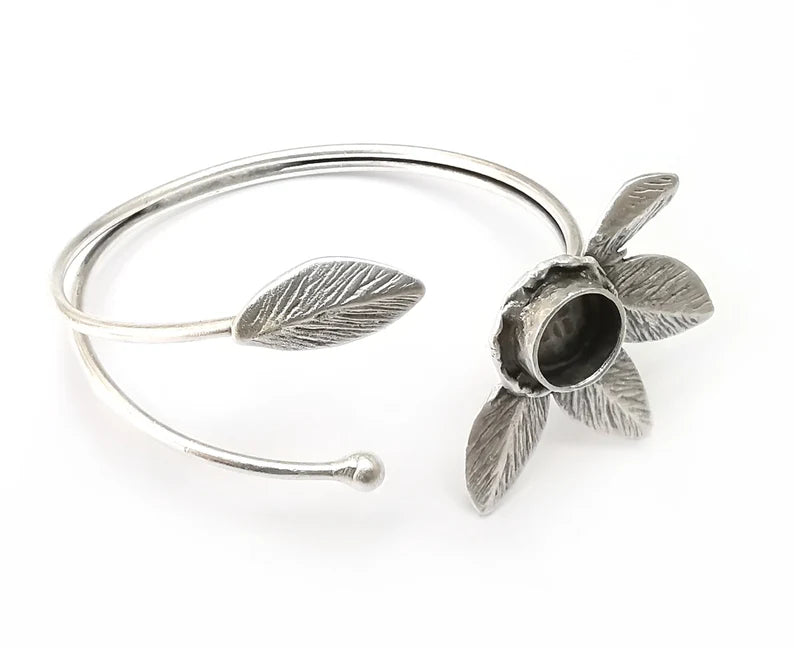 Flower Leaf Bracelet Bezel Blank Resin Bezel Cabochon Cuff Base Settings Adjustable Bracelet Antique Silver Plated Brass (10mm Bezel) G33329