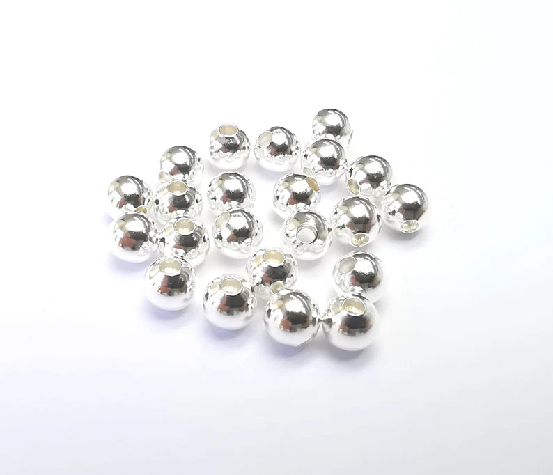 Sterling Silver Tiny Round Ball Beads, 925 Solid Silver Beads, 6mm Silver Bracelet Necklace Beads (6mm) G30193