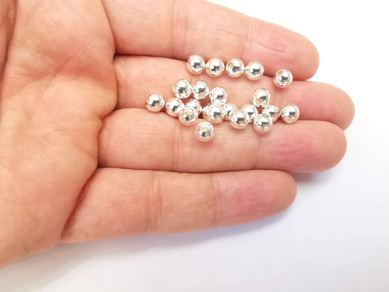 5 Sterling Silver Tiny Round Ball Beads, 925 Solid Silver Beads, 6mm Silver Bracelet Necklace Beads (6mm) G30193