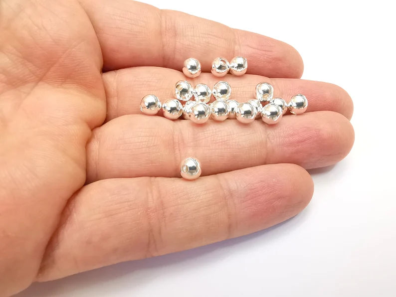 5 Sterling Silver Tiny Round Ball Beads, 925 Solid Silver Beads, 6mm Silver Bracelet Necklace Beads (6mm) G30193