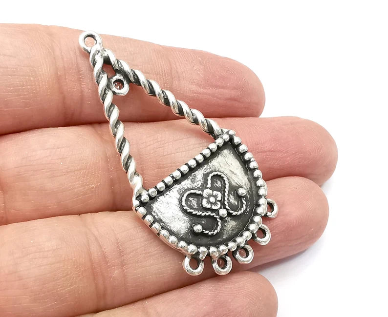 Flower Charms, Connector Antique Silver Plated Dangle Charms (56x28mm) G33503