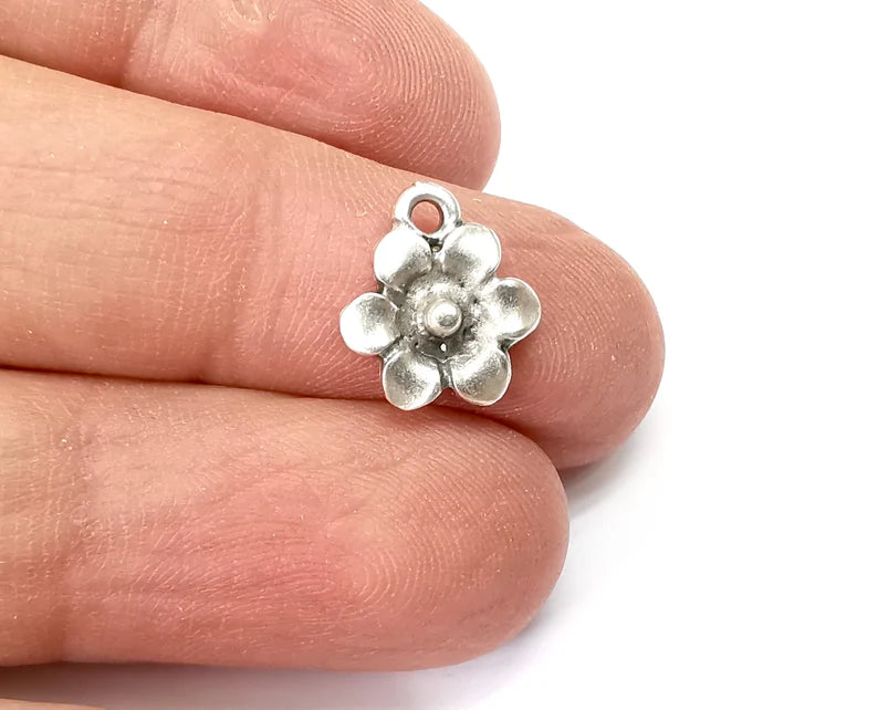 5 Flower Charms, Antique Silver Plated Charms (13x12mm) G33506