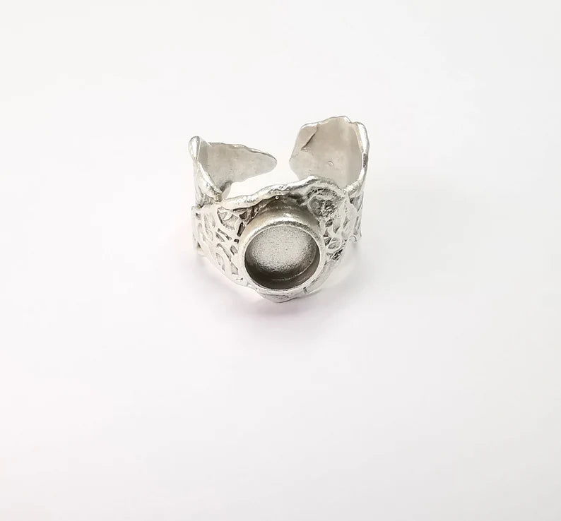 Leaf Ring Setting Blank Cabochon Mounting Adjustable Resin Ring Base Bezel Mosaic Ring, Antique Silver Plated Brass (8mm bezel) G33523