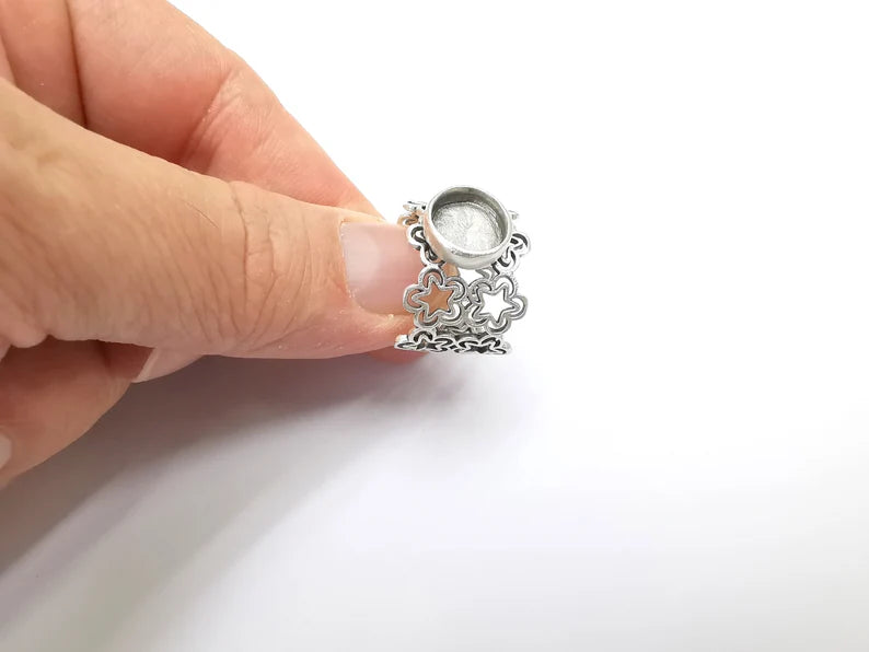 Silver Ring Blank Setting, Cabochon Mounting, Adjustable Resin Ring Base Bezels, Antique Silver Plated (10mm round bezel) G33526