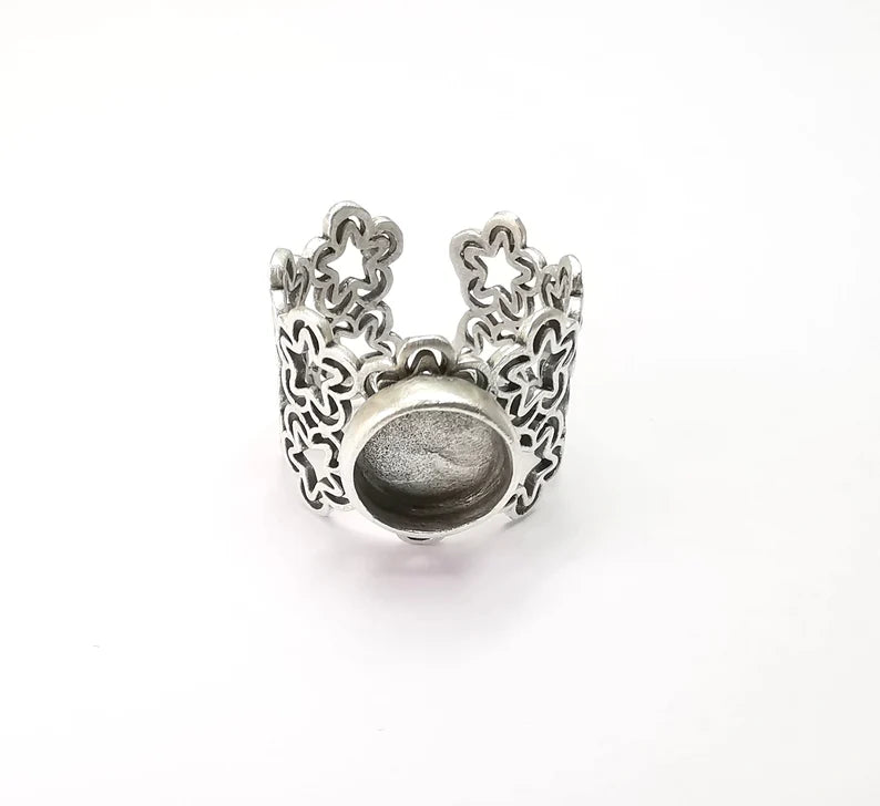 Silver Ring Blank Setting, Cabochon Mounting, Adjustable Resin Ring Base Bezels, Antique Silver Plated (10mm round bezel) G33526