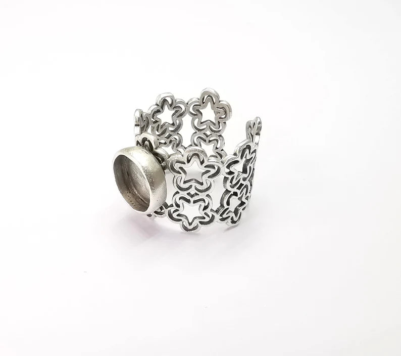 Silver Ring Blank Setting, Cabochon Mounting, Adjustable Resin Ring Base Bezels, Antique Silver Plated (10mm round bezel) G33526