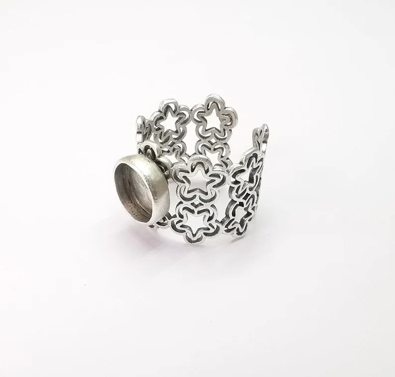 Silver Ring Blank Setting, Cabochon Mounting, Adjustable Resin Ring Base Bezels, Antique Silver Plated (10mm round bezel) G33526