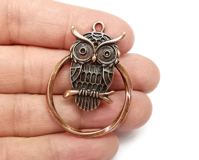 Owl Circle Charms, Antique Copper Plated (44x32mm) G33537