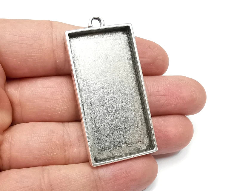 Rectangle Pendant Blanks, Resin Bezel Bases, Mosaic Mountings, Dry flower Frame, Polymer Clay base, Antique Silver Plated (50x25mm) G33547