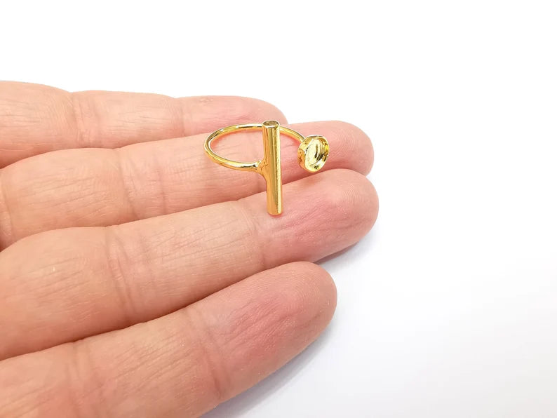 Gold Plated Bar Ring Blank Base Bezel Settings Cabochon Base Mountings Adjustable , Shiny Gold Plated Brass (6mm Blank) G33564