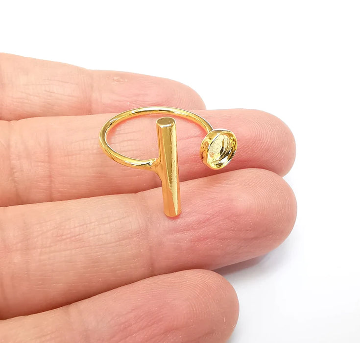 Gold Plated Bar Ring Blank Base Bezel Settings Cabochon Base Mountings Adjustable , Shiny Gold Plated Brass (6mm Blank) G33564